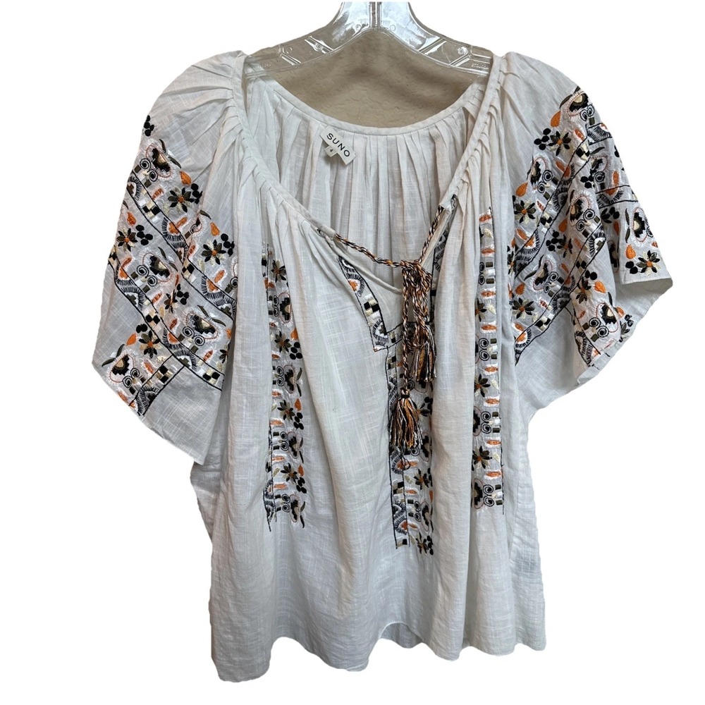 Suno Smock Peasant Embroidered‎ Pullover Button Top Blouse White Sz 4